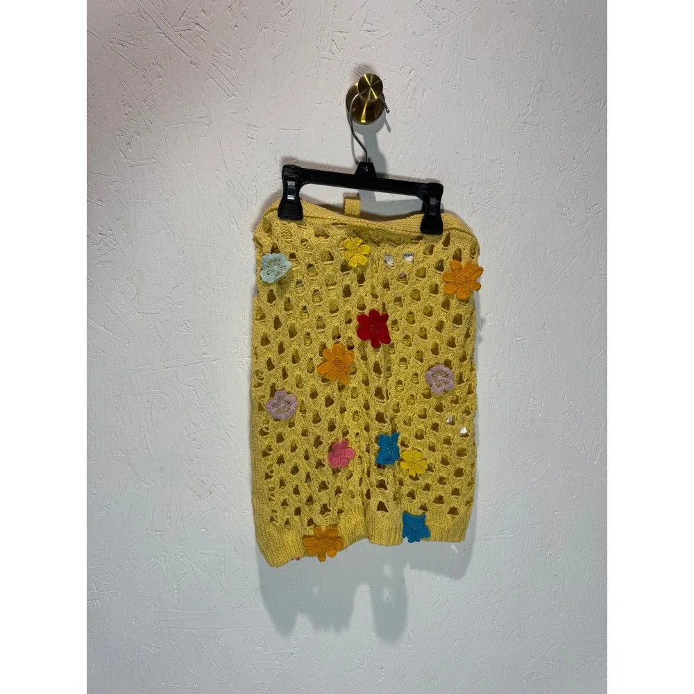 Lovers and Friends Yellow Flower Power Crochet 2 Piece Set Crop Top Skirt XXS